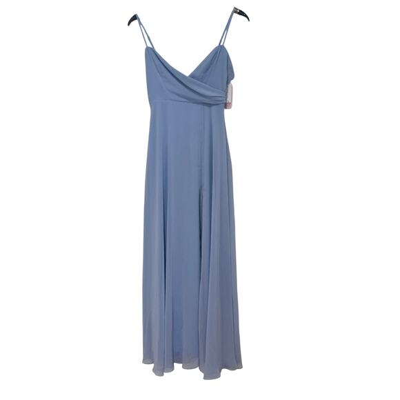 NWT! Lovely LB036 Sky Blue Chiffon Wrap Bodice Maxi Dress Front Slit Sz 2 - Picture 4 of 8